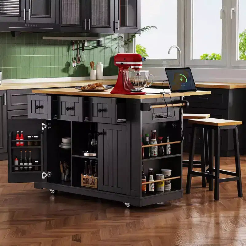 Carrello da Cucina/Isola Rotante Nero/Grigio-Blu/Bianco con Anta a Ribalta, Presa di Corrente e 5 Ruote, Montaggio da 1 Persona