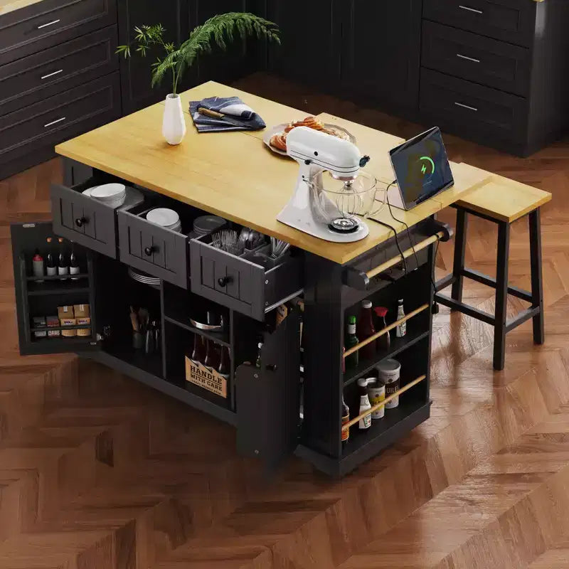 Large Kitchen Island with Drop Leaf and Power Outlet, Rolling Kitchen Cart on 5 Wheels with Door Internal Storage Rack and Side Racks