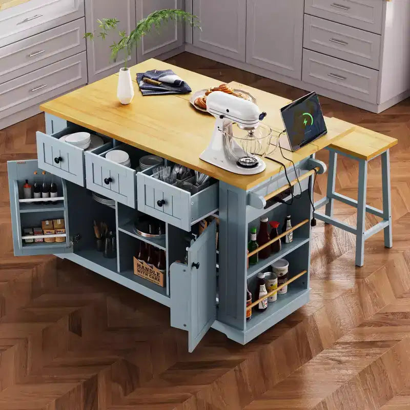 Carrello da Cucina/Isola Rotante Nero/Grigio-Blu/Bianco con Anta a Ribalta, Presa di Corrente e 5 Ruote, Montaggio da 1 Persona