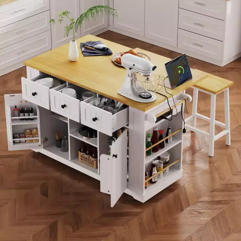Carrello da Cucina/Isola Rotante Nero/Grigio-Blu/Bianco con Anta a Ribalta, Presa di Corrente e 5 Ruote, Montaggio da 1 Persona