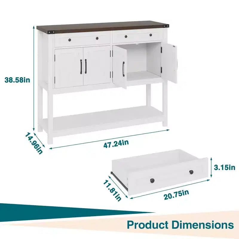 Credenza a buffet moderna coloniale marrone/bianca con 4 ante, 2 cassetti e ripiano aperto