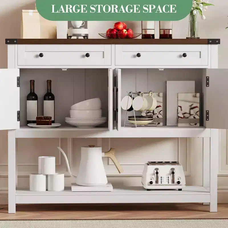 Credenza a buffet moderna coloniale marrone/bianca con 4 ante, 2 cassetti e ripiano aperto