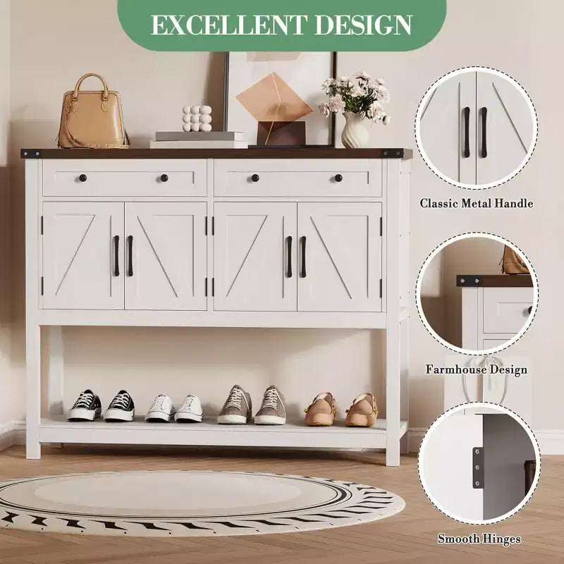 Credenza a buffet moderna coloniale marrone/bianca con 4 ante, 2 cassetti e ripiano aperto
