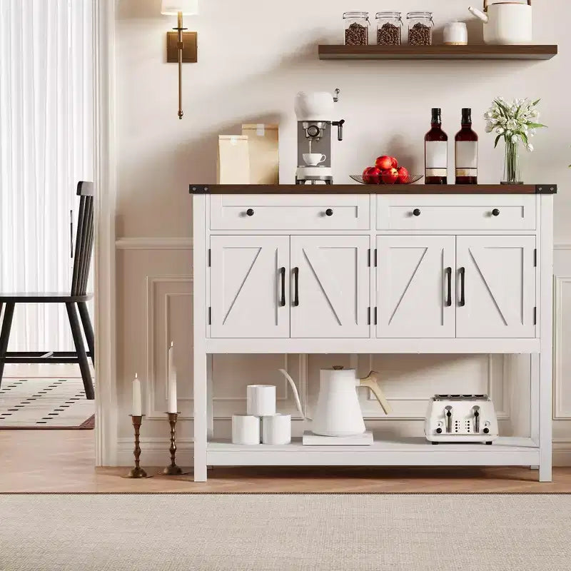 Credenza a buffet moderna coloniale marrone/bianca con 4 ante, 2 cassetti e ripiano aperto