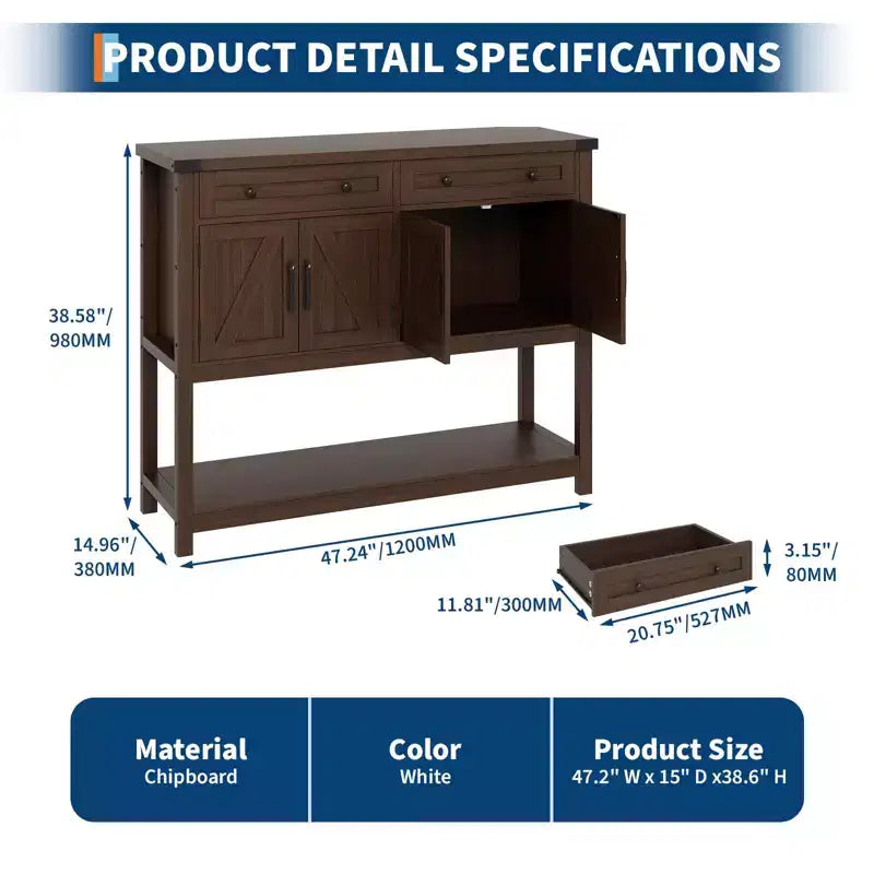 Credenza a buffet moderna coloniale marrone/bianca con 4 ante, 2 cassetti e ripiano aperto