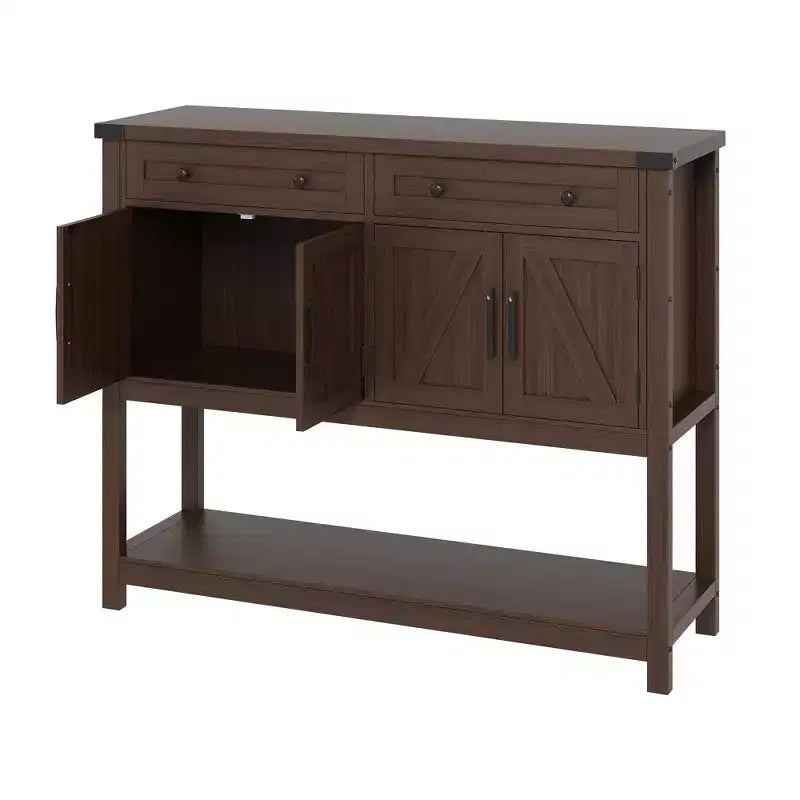 Credenza a buffet moderna coloniale marrone/bianca con 4 ante, 2 cassetti e ripiano aperto