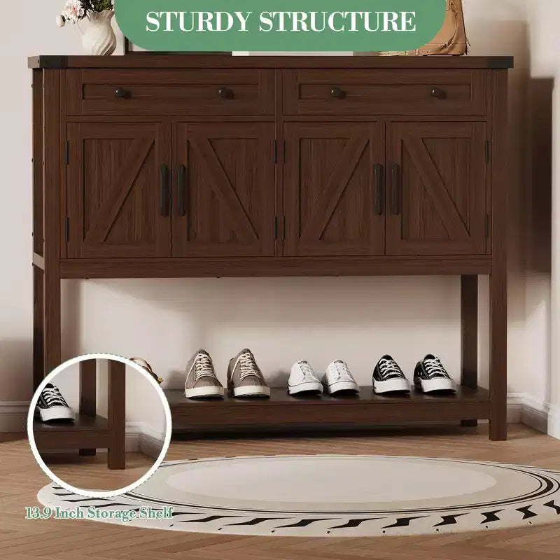 Credenza a buffet moderna coloniale marrone/bianca con 4 ante, 2 cassetti e ripiano aperto