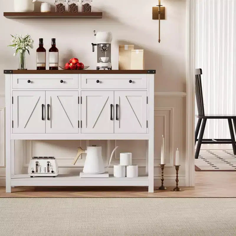 Credenza a buffet moderna coloniale marrone/bianca con 4 ante, 2 cassetti e ripiano aperto