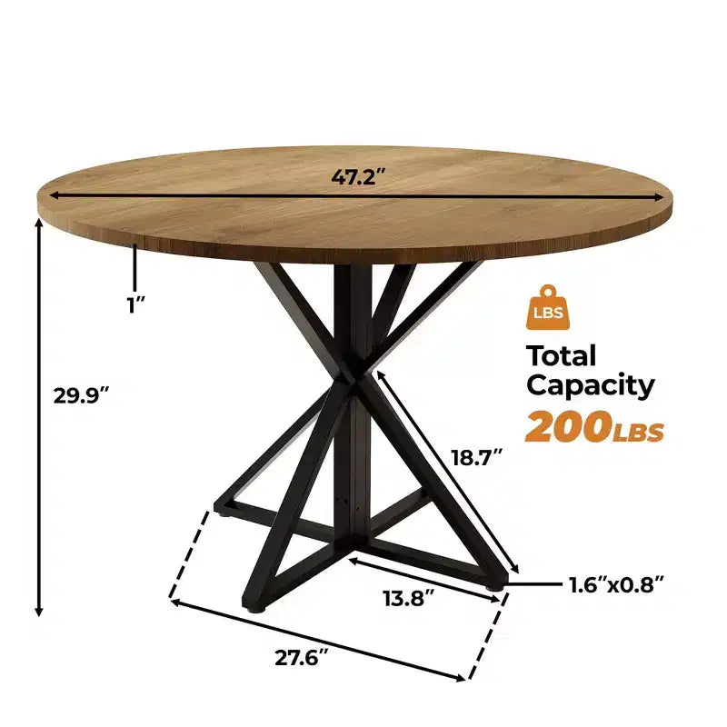 Tavolo da pranzo rotondo da 47", nero/marrone/rovere, base a piedistallo in metallo, 4-6 posti a sedere