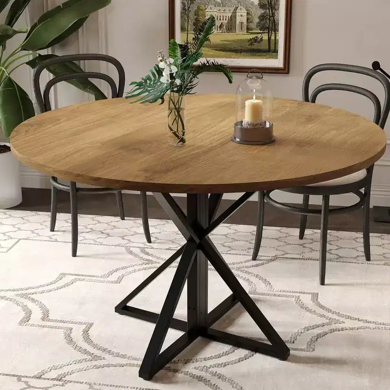 Tavolo da pranzo rotondo da 47", nero/marrone/rovere, base a piedistallo in metallo, 4-6 posti a sedere