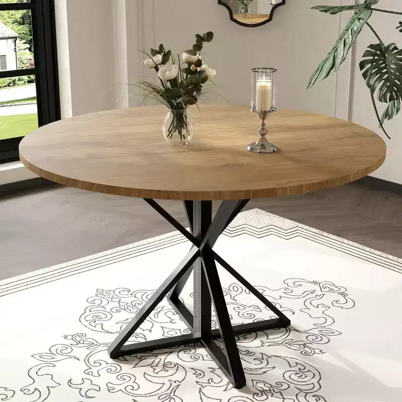 Tavolo da pranzo rotondo da 47", nero/marrone/rovere, base a piedistallo in metallo, 4-6 posti a sedere