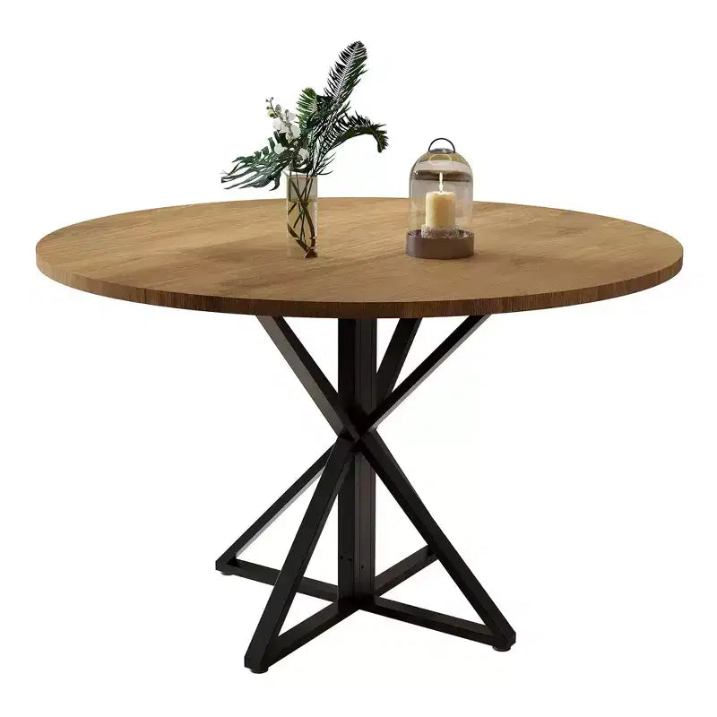 Tavolo da pranzo rotondo da 47", nero/marrone/rovere, base a piedistallo in metallo, 4-6 posti a sedere