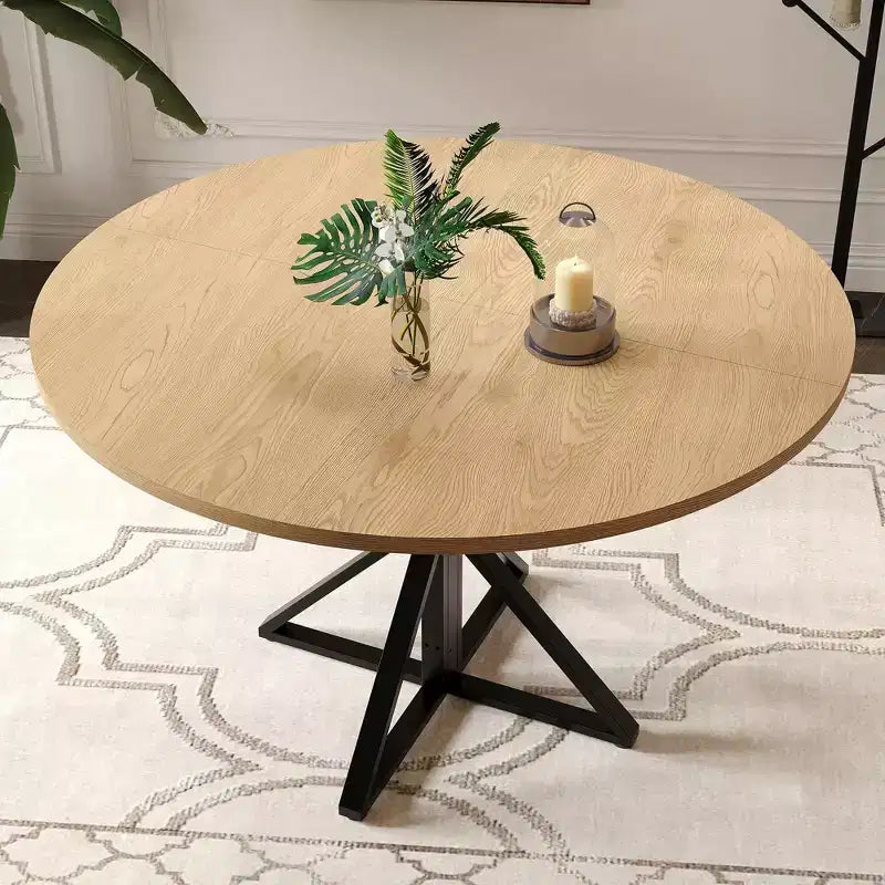 Tavolo da pranzo rotondo da 47", nero/marrone/rovere, base a piedistallo in metallo, 4-6 posti a sedere