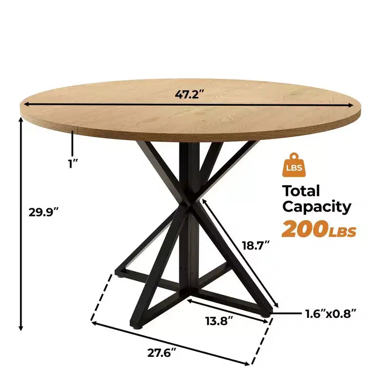 Tavolo da pranzo rotondo da 47", nero/marrone/rovere, base a piedistallo in metallo, 4-6 posti a sedere