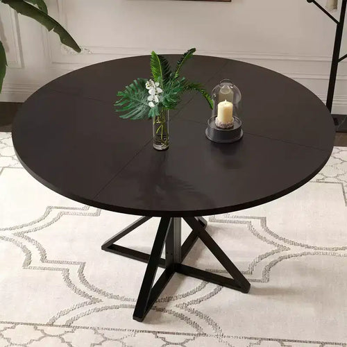 Tavolo da pranzo rotondo da 47", nero/marrone/rovere, base a piedistallo in metallo, 4-6 posti a sedere