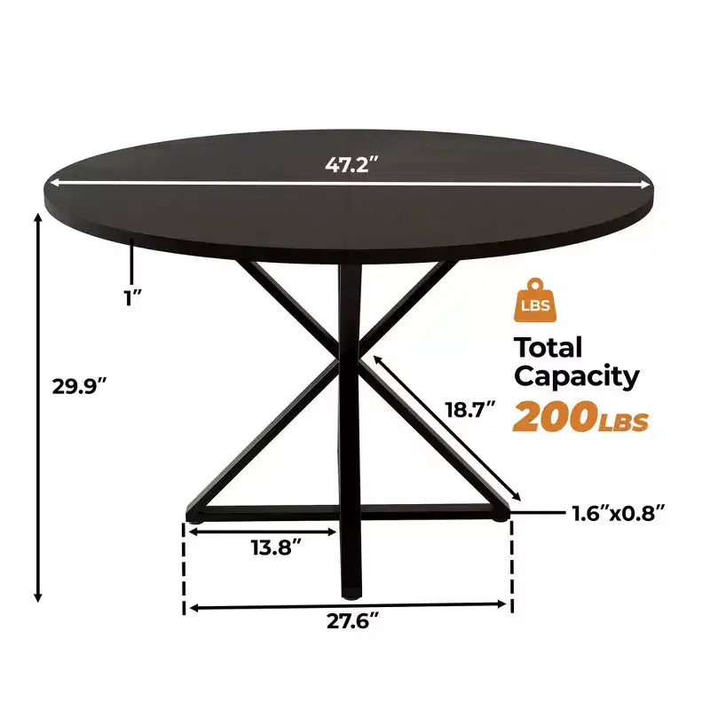 Tavolo da pranzo rotondo da 47", nero/marrone/rovere, base a piedistallo in metallo, 4-6 posti a sedere