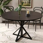 Tavolo da pranzo rotondo da 47", nero/marrone/rovere, base a piedistallo in metallo, 4-6 posti a sedere