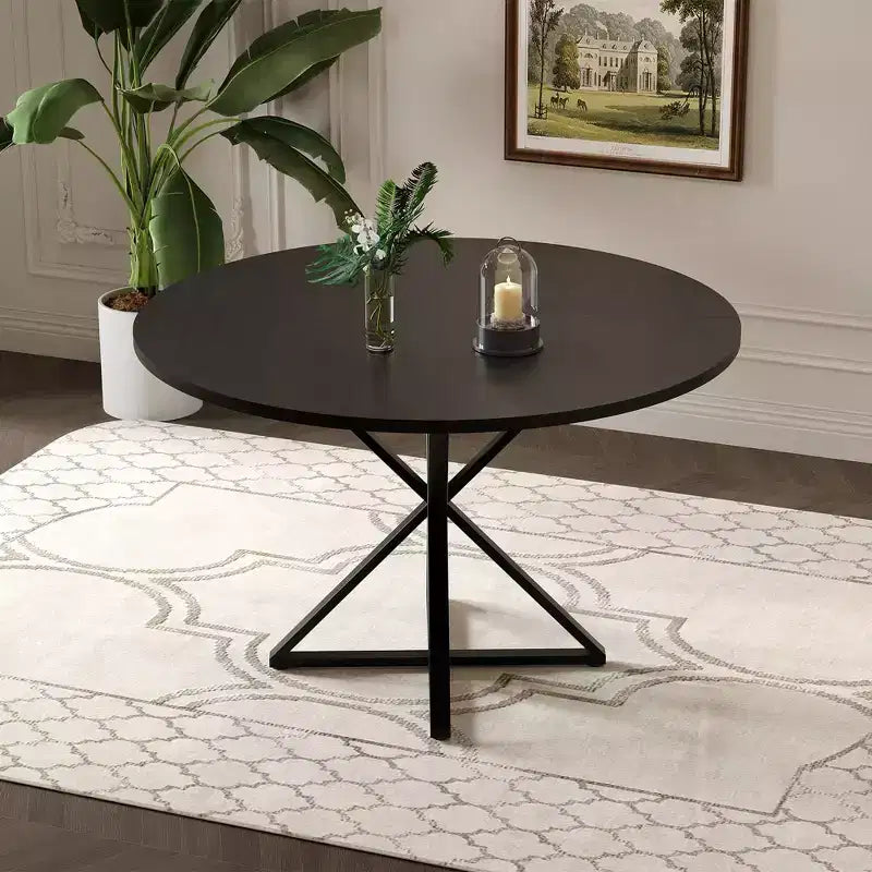 Tavolo da pranzo rotondo da 47", nero/marrone/rovere, base a piedistallo in metallo, 4-6 posti a sedere