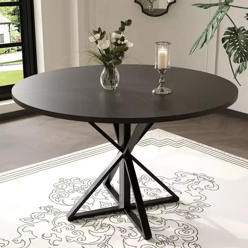 Tavolo da pranzo rotondo da 47", nero/marrone/rovere, base a piedistallo in metallo, 4-6 posti a sedere