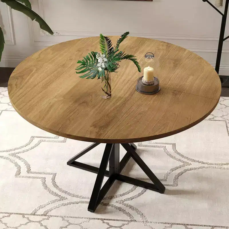 Tavolo da pranzo rotondo da 47", nero/marrone/rovere, base a piedistallo in metallo, 4-6 posti a sedere