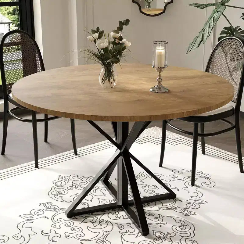 Tavolo da pranzo rotondo da 47", nero/marrone/rovere, base a piedistallo in metallo, 4-6 posti a sedere