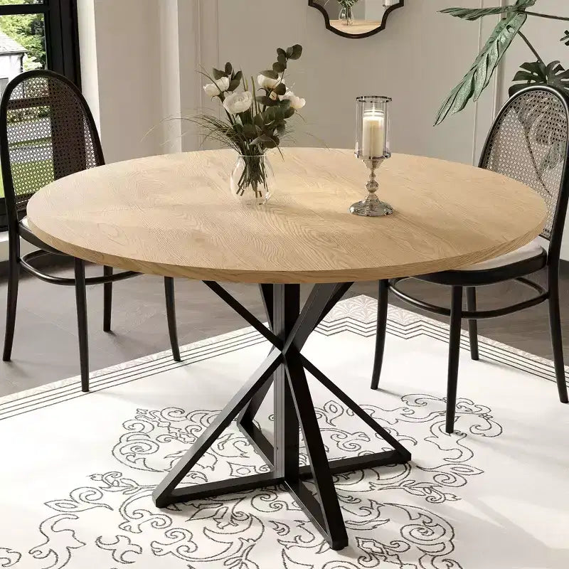 Tavolo da pranzo rotondo da 47", nero/marrone/rovere, base a piedistallo in metallo, 4-6 posti a sedere