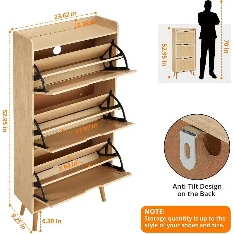 Scarpiera in Rattan Bianco a 3 Ante per Ingresso – Contiene fino a 20 Paia di Scarpe