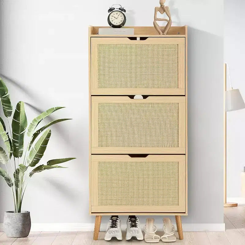 Scarpiera in Rattan Bianco a 3 Ante per Ingresso – Contiene fino a 20 Paia di Scarpe