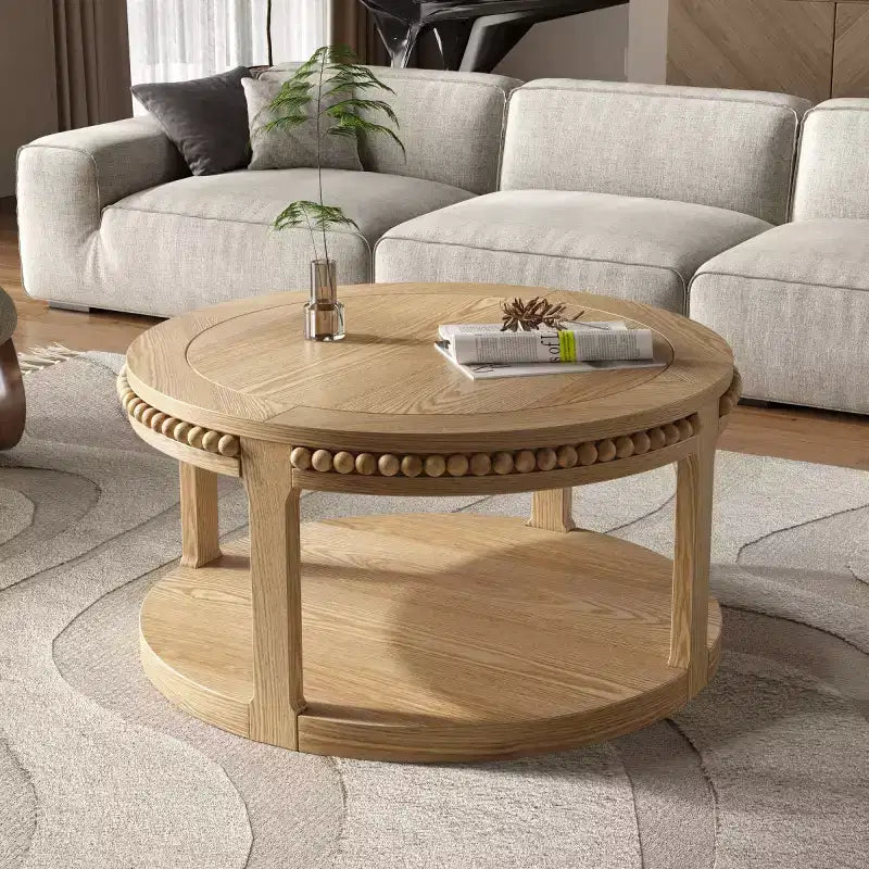 Tavolino rotondo a 2 ripiani in legno da 31,5" con ripiano portaoggetti – Nero / Marrone / Naturale