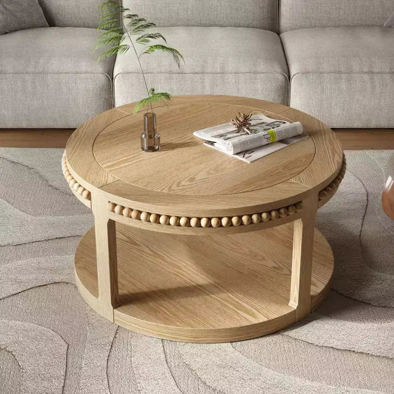 Tavolino rotondo a 2 ripiani in legno da 31,5" con ripiano portaoggetti – Nero / Marrone / Naturale