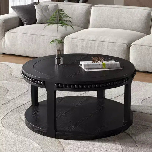 Tavolino rotondo a 2 ripiani in legno da 31,5" con ripiano portaoggetti – Nero / Marrone / Naturale