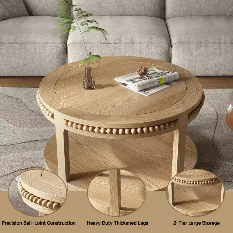 Tavolino rotondo a 2 ripiani in legno da 31,5" con ripiano portaoggetti – Nero / Marrone / Naturale