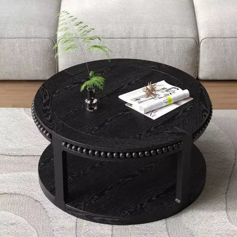 Tavolino rotondo a 2 ripiani in legno da 31,5" con ripiano portaoggetti – Nero / Marrone / Naturale