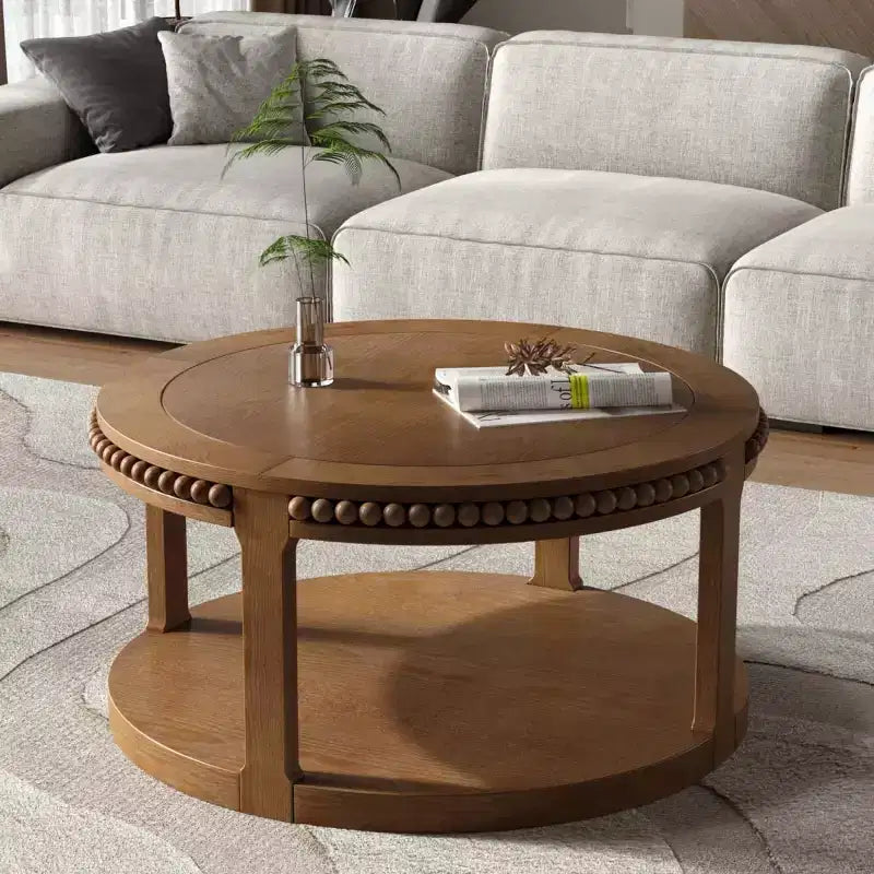 Tavolino rotondo a 2 ripiani in legno da 31,5" con ripiano portaoggetti – Nero / Marrone / Naturale