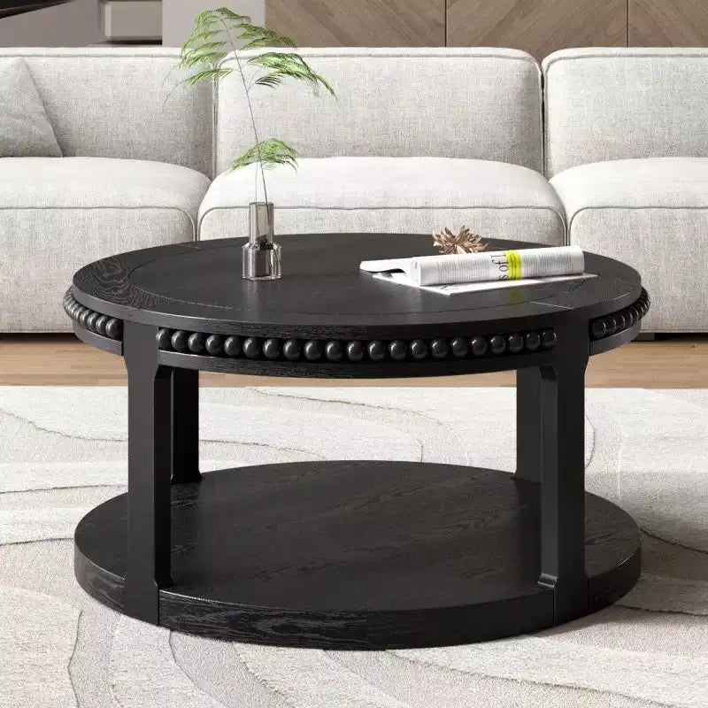 31.5 Round Wood Coffee Table, 2-Tier Modern Living Room Center Table with Open Storage Shelf and Decorative Beaded Trim - Panipeachy