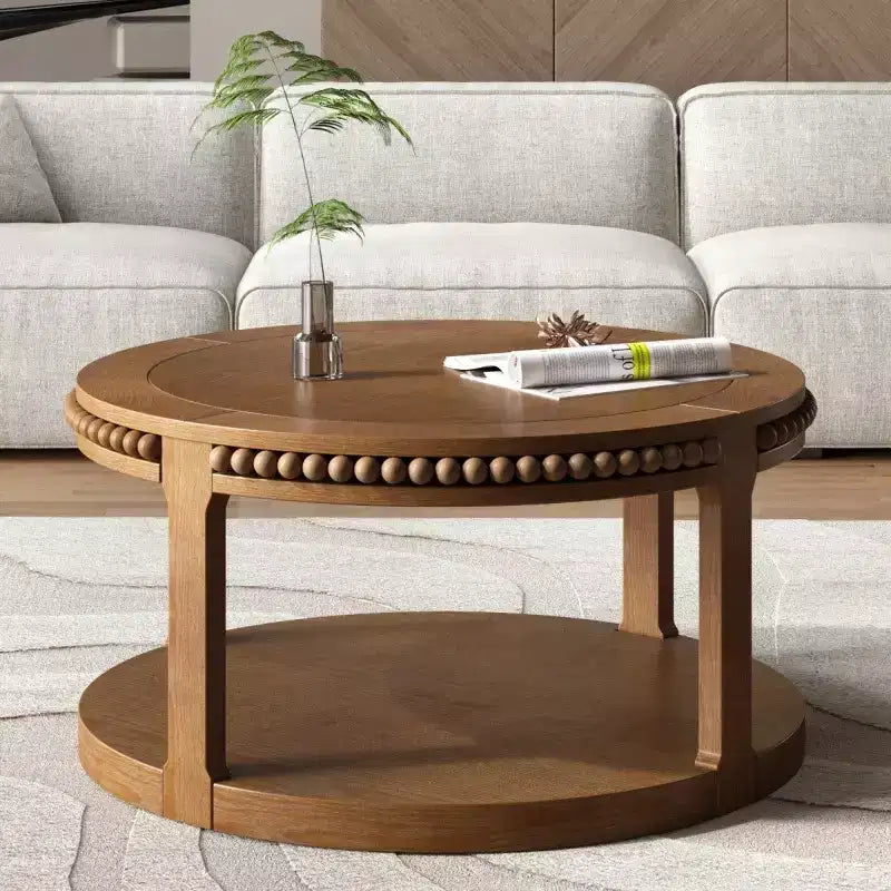 Tavolino rotondo a 2 ripiani in legno da 31,5" con ripiano portaoggetti – Nero / Marrone / Naturale