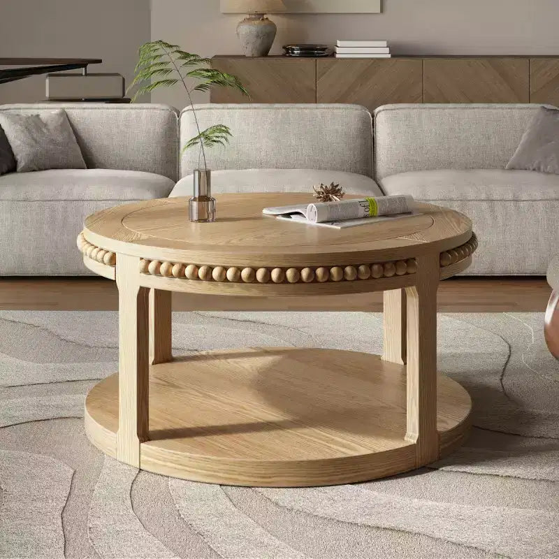 Tavolino rotondo a 2 ripiani in legno da 31,5" con ripiano portaoggetti – Nero / Marrone / Naturale