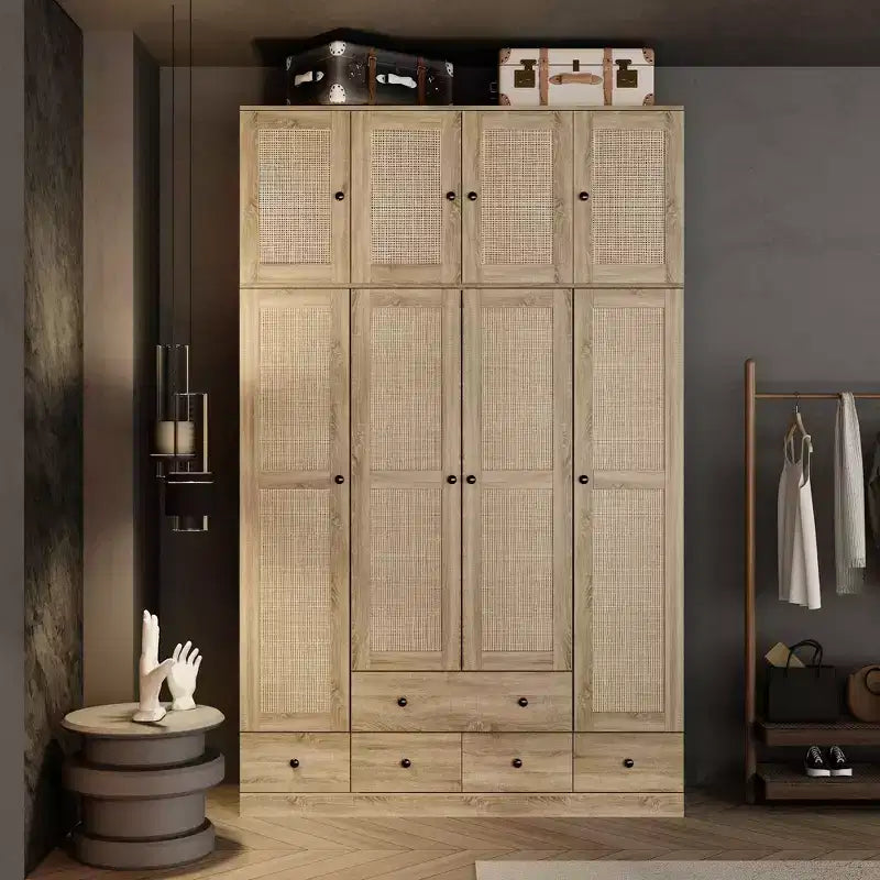 Famapy Rattan-Insert Wood Wardrobe Armoire: Multi-Zone Storage + Drawers  Spacious Organizer for Clothes & Accessories with Anti-Tip Design