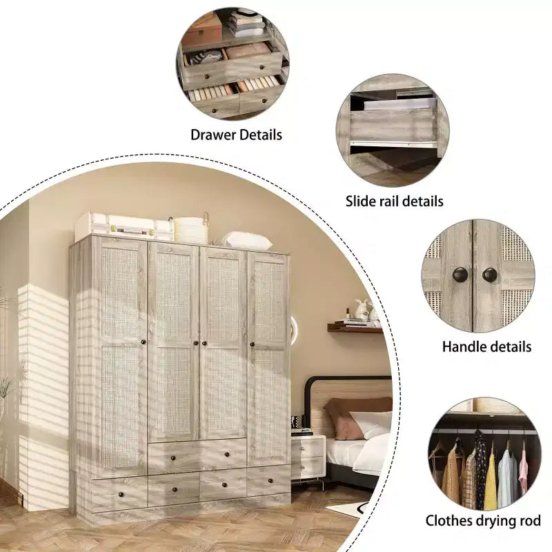 Armadio guardaroba in rovere con ante in rattan – 8 ante, 8 cassetti, per adulti
