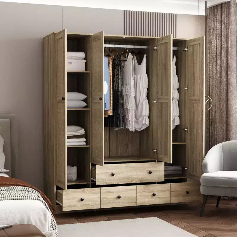 Armadio guardaroba in rovere con ante in rattan – 8 ante, 8 cassetti, per adulti