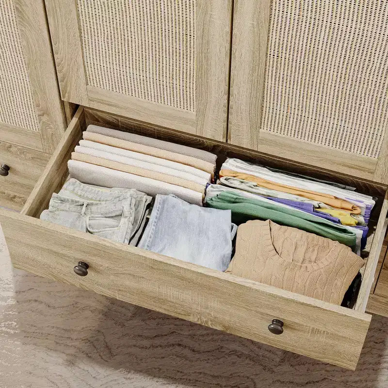 Armadio guardaroba in rovere con ante in rattan – 8 ante, 8 cassetti, per adulti