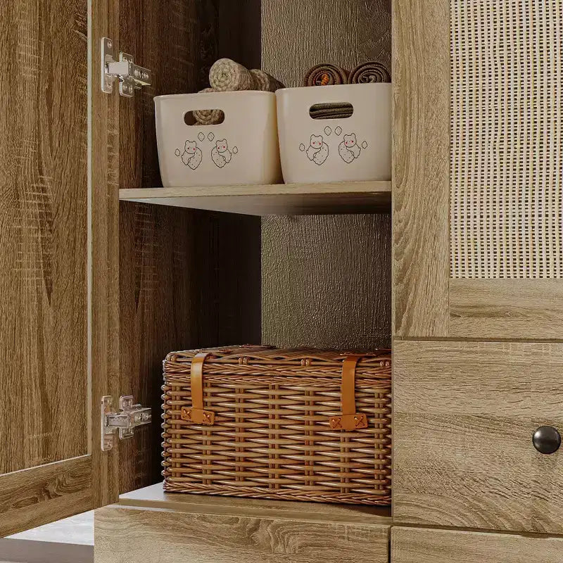 Armadio guardaroba in rovere con ante in rattan – 8 ante, 8 cassetti, per adulti