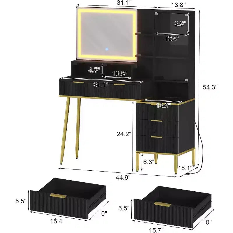 Scrivania da trucco nera scanalata con specchio illuminato, singola