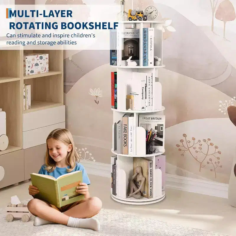 Libreria girevole a 360° a 4 ripiani, marrone/bianco, per bambini e adulti