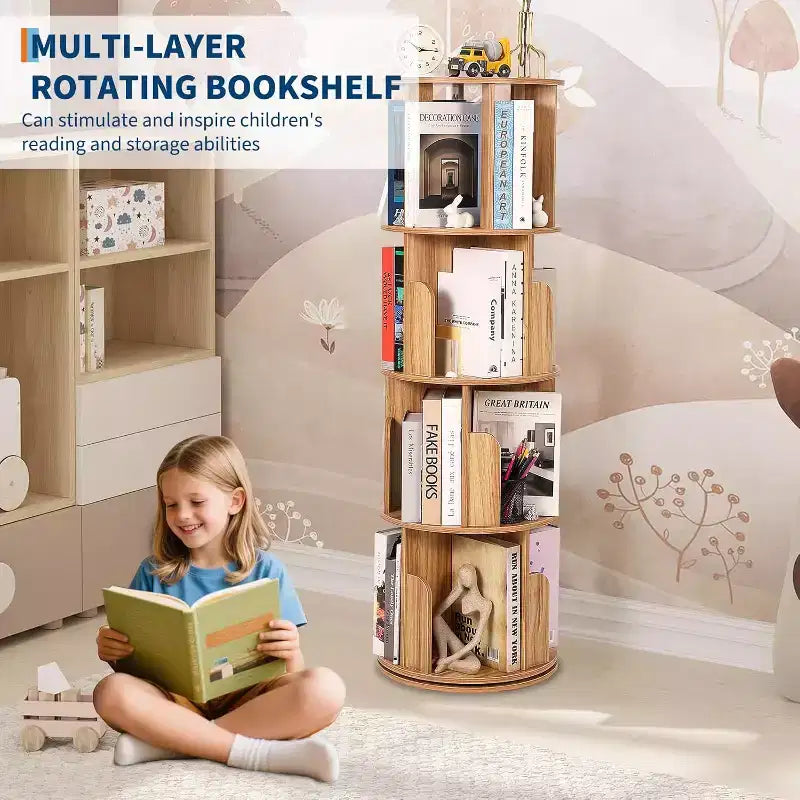 Libreria girevole a 360° a 4 ripiani, marrone/bianco, per bambini e adulti