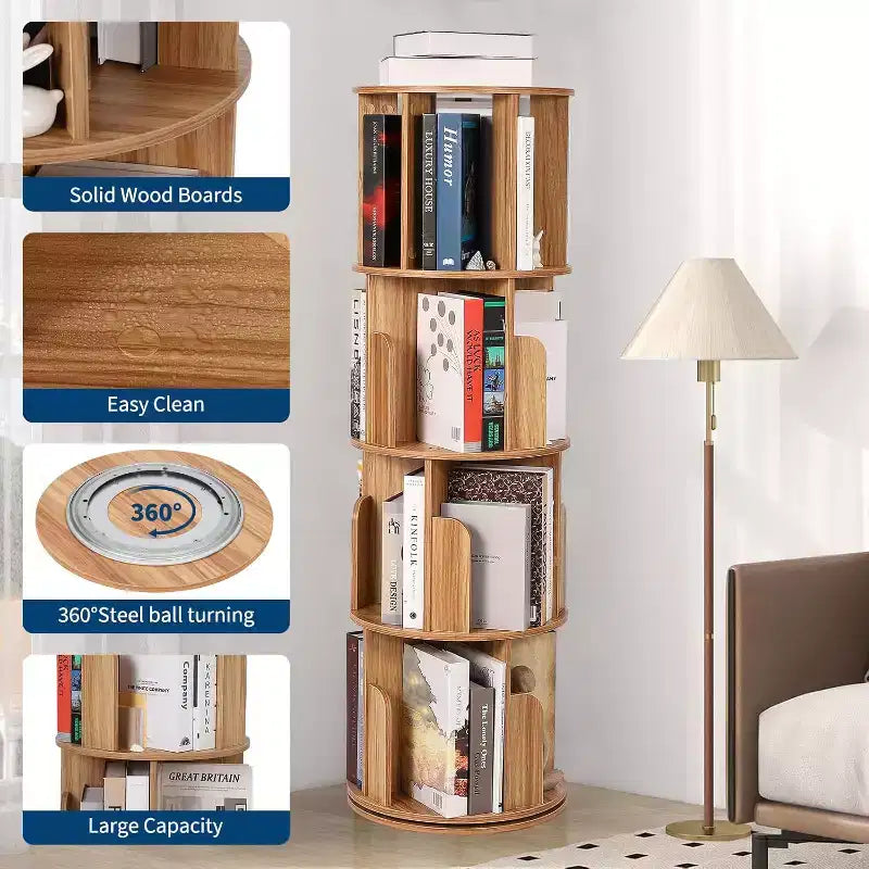 Libreria girevole a 360° a 4 ripiani, marrone/bianco, per bambini e adulti