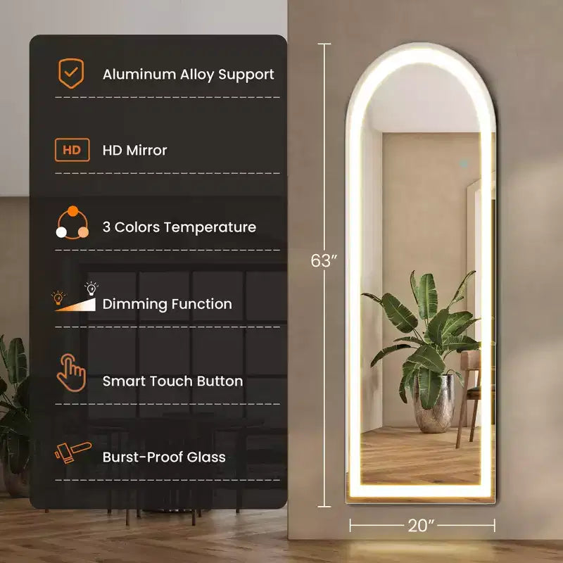 Specchio da Terra a LED con Cornice in Alluminio Nero, 3 Colori di Illuminazione, Singolo, 160 cm x 50 cm