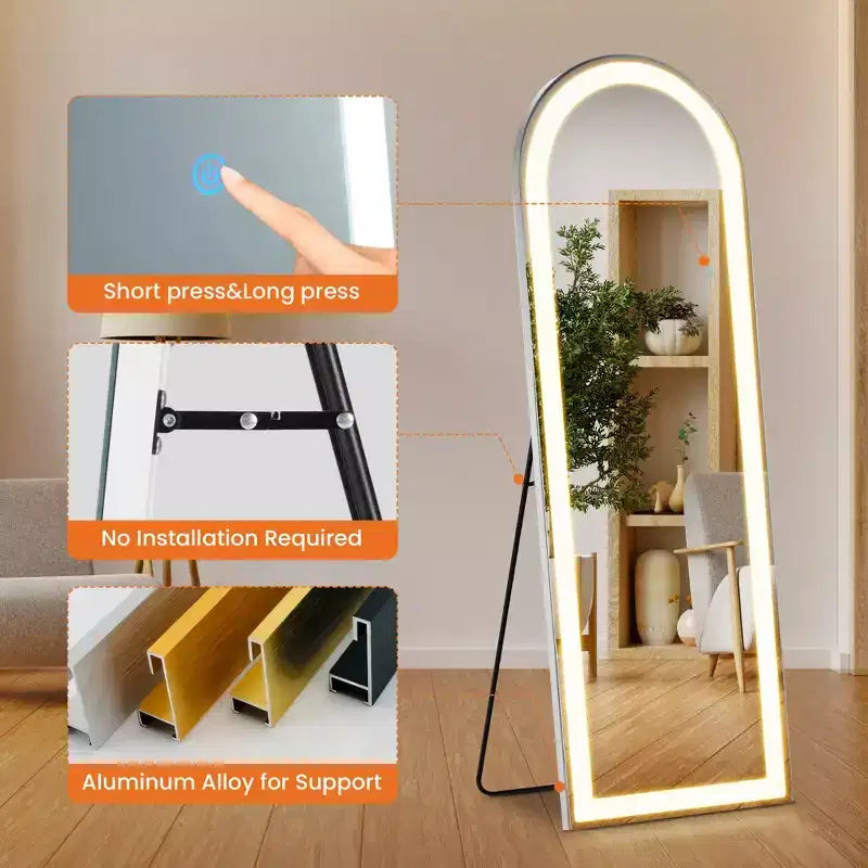 Specchio da Terra a LED con Cornice in Alluminio Nero, 3 Colori di Illuminazione, Singolo, 160 cm x 50 cm