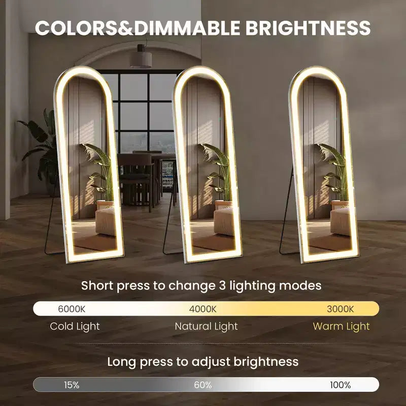 Specchio da Terra a LED con Cornice in Alluminio Nero, 3 Colori di Illuminazione, Singolo, 160 cm x 50 cm