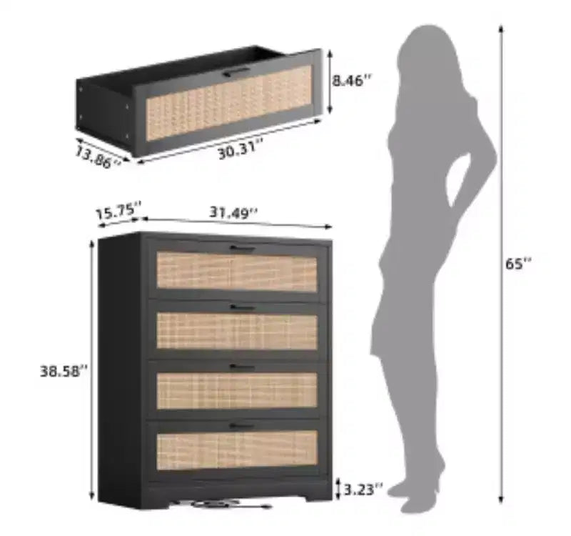 Cassettiera portatutto nera in rattan intrecciato con 4 cassetti e presa elettrica integrata – Singola